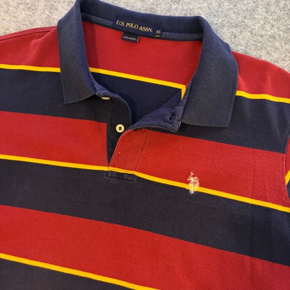 US Polo Assn Mens XL Polo Shirt Red Navy Blue Yellow Striped Short Sleeve - Picture 4 of 8